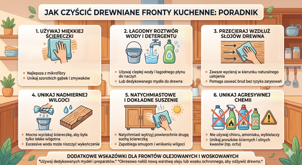 Jak dbać o meble kuchenne z drewnianymi frontami, żeby służyły przez lata? sposoby czyszczenia drewnianych frontow 1024x559 Jak dbać o meble kuchenne z drewnianymi frontami, żeby służyły przez lata?